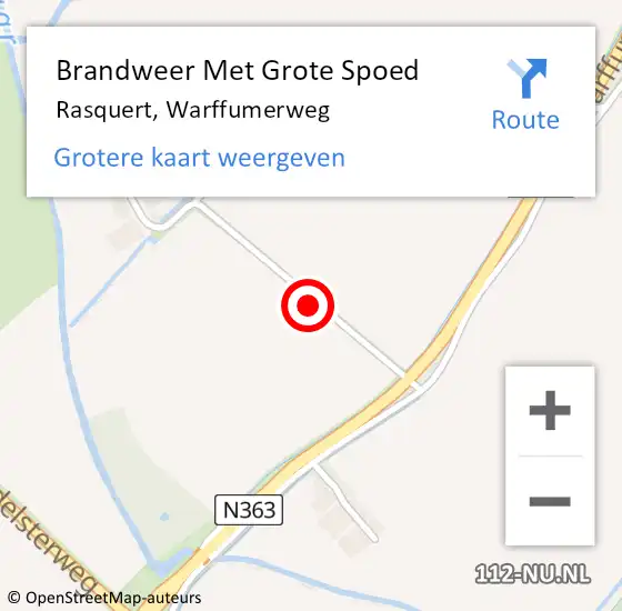 Locatie op kaart van de 112 melding: Brandweer Met Grote Spoed Naar Rasquert, Warffumerweg op 10 juli 2023 16:17