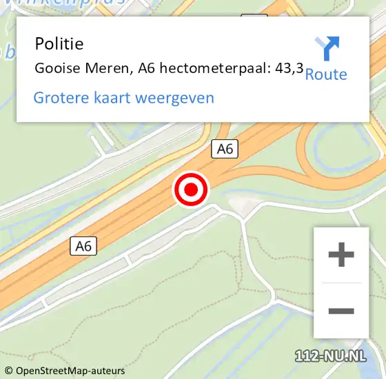 Locatie op kaart van de 112 melding: Politie Gooise Meren, A6 hectometerpaal: 43,3 op 10 juli 2023 16:18