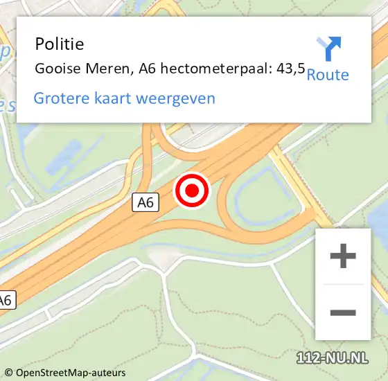 Locatie op kaart van de 112 melding: Politie Gooise Meren, A6 hectometerpaal: 43,5 op 10 juli 2023 16:18