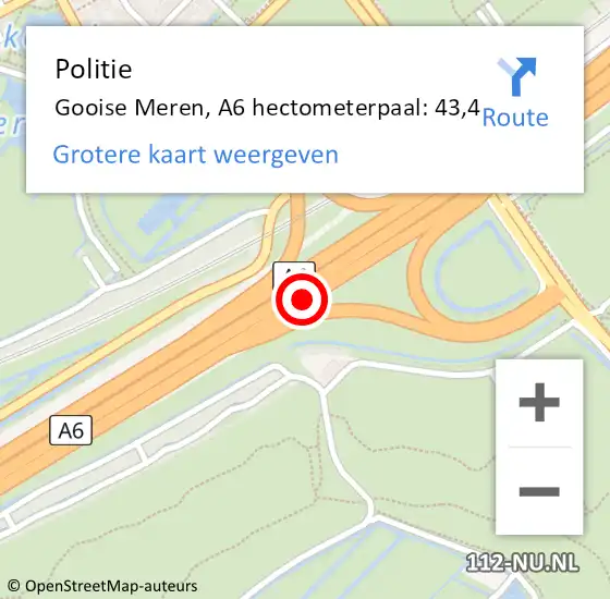 Locatie op kaart van de 112 melding: Politie Gooise Meren, A6 hectometerpaal: 43,4 op 10 juli 2023 16:19