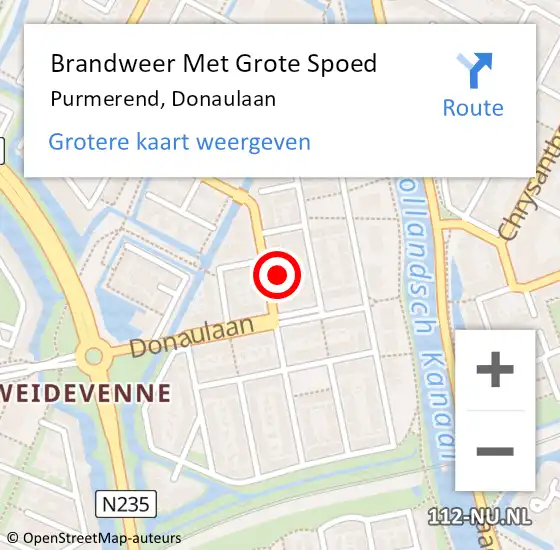 Locatie op kaart van de 112 melding: Brandweer Met Grote Spoed Naar Purmerend, Donaulaan op 10 juli 2023 16:41