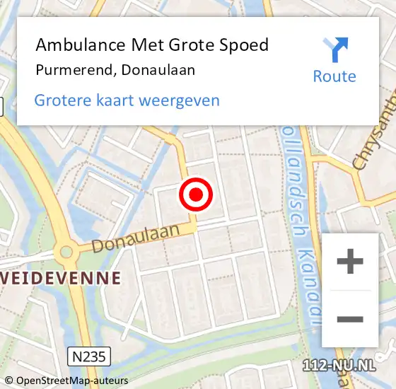 Locatie op kaart van de 112 melding: Ambulance Met Grote Spoed Naar Purmerend, Donaulaan op 10 juli 2023 16:54