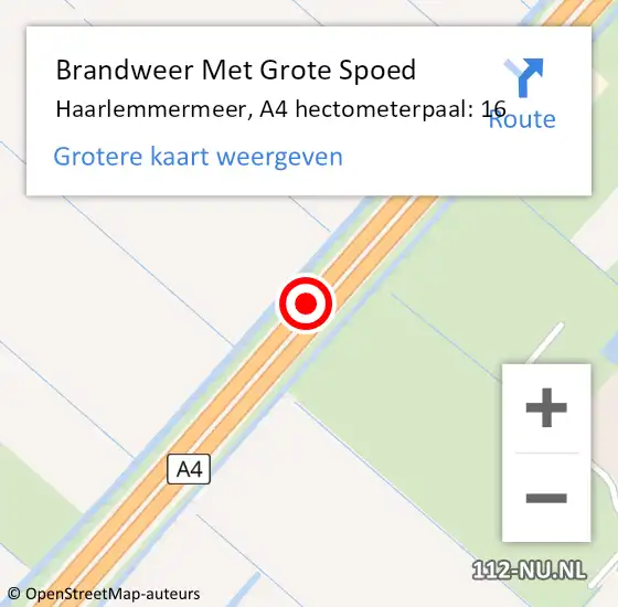 Locatie op kaart van de 112 melding: Brandweer Met Grote Spoed Naar Haarlemmermeer, A4 hectometerpaal: 16 op 10 juli 2023 18:34