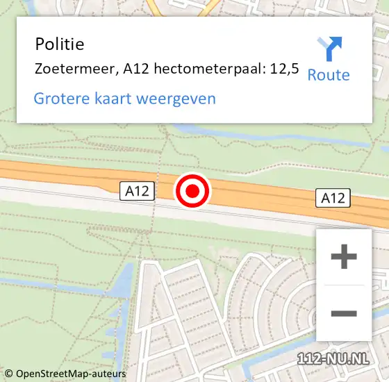 Locatie op kaart van de 112 melding: Politie Zoetermeer, A12 hectometerpaal: 12,5 op 10 juli 2023 18:38