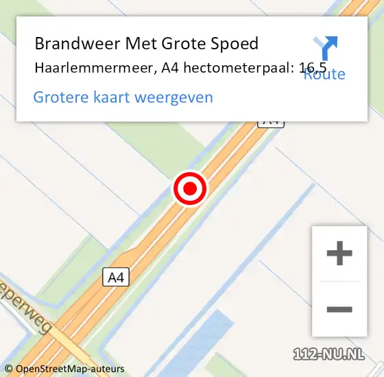 Locatie op kaart van de 112 melding: Brandweer Met Grote Spoed Naar Haarlemmermeer, A4 hectometerpaal: 16,5 op 10 juli 2023 18:49