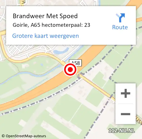 Locatie op kaart van de 112 melding: Brandweer Met Spoed Naar Goirle, A65 hectometerpaal: 23 op 10 juli 2023 18:55