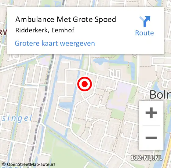 Locatie op kaart van de 112 melding: Ambulance Met Grote Spoed Naar Ridderkerk, Eemhof op 10 juli 2023 21:26