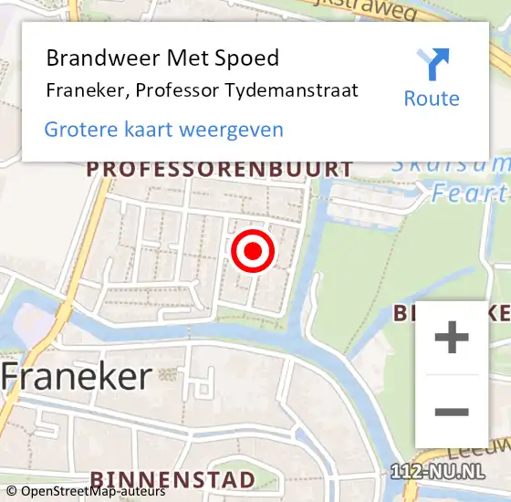 Locatie op kaart van de 112 melding: Brandweer Met Spoed Naar Franeker, Professor Tydemanstraat op 10 juli 2023 22:25