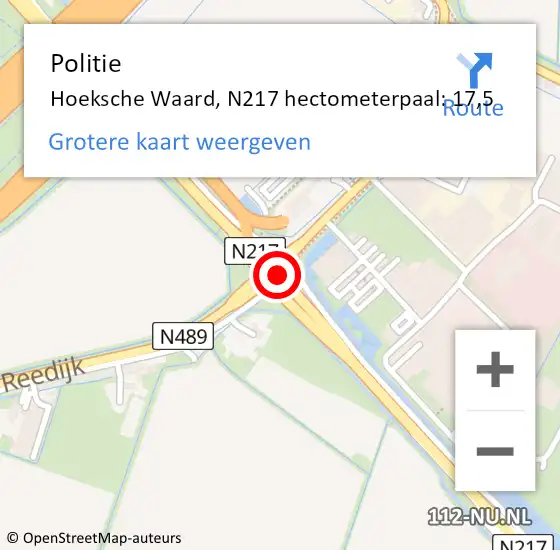 Locatie op kaart van de 112 melding: Politie Hoeksche Waard, N217 hectometerpaal: 17,5 op 11 juli 2023 06:17