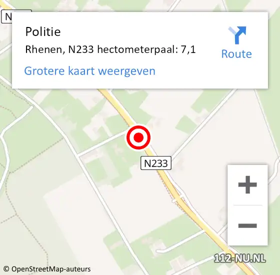 Locatie op kaart van de 112 melding: Politie Rhenen, N233 hectometerpaal: 7,1 op 11 juli 2023 07:26