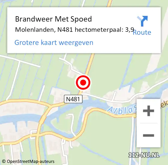 Locatie op kaart van de 112 melding: Brandweer Met Spoed Naar Molenlanden, N481 hectometerpaal: 3,9 op 11 juli 2023 08:18