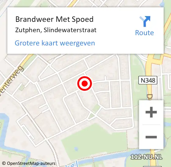 Locatie op kaart van de 112 melding: Brandweer Met Spoed Naar Zutphen, Slindewaterstraat op 11 juli 2023 08:57