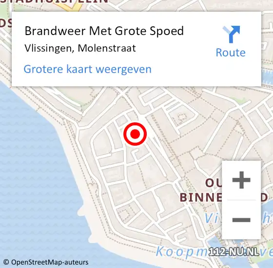 Locatie op kaart van de 112 melding: Brandweer Met Grote Spoed Naar Vlissingen, Molenstraat op 11 juli 2023 09:06