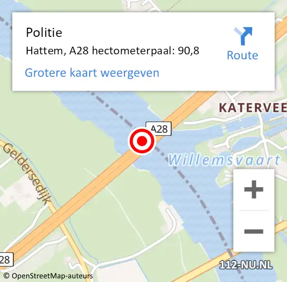 Locatie op kaart van de 112 melding: Politie Hattem, A28 hectometerpaal: 90,8 op 11 juli 2023 09:37