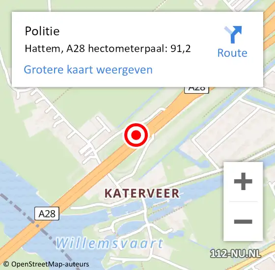 Locatie op kaart van de 112 melding: Politie Hattem, A28 hectometerpaal: 91,2 op 11 juli 2023 09:38