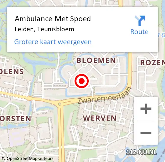 Locatie op kaart van de 112 melding: Ambulance Met Spoed Naar Leiden, Teunisbloem op 11 juli 2023 09:52