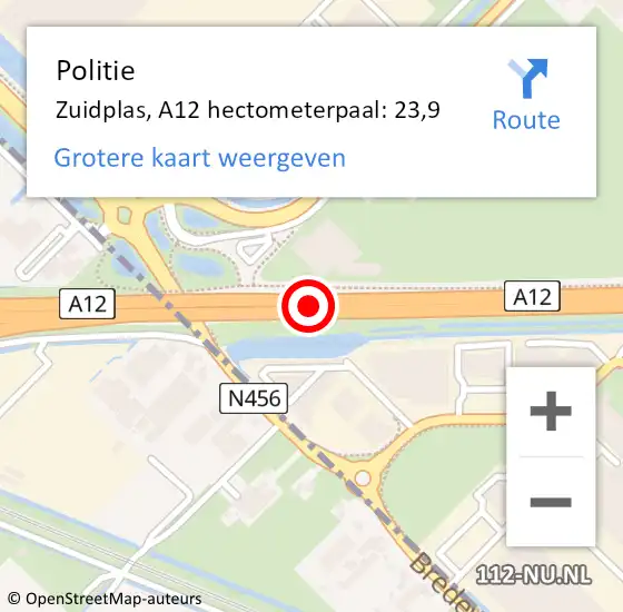 Locatie op kaart van de 112 melding: Politie Zuidplas, A12 hectometerpaal: 23,9 op 11 juli 2023 10:25