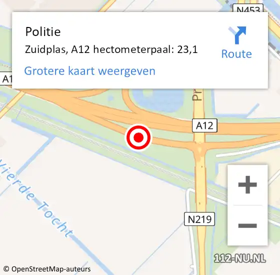 Locatie op kaart van de 112 melding: Politie Zuidplas, A12 hectometerpaal: 23,1 op 11 juli 2023 10:55