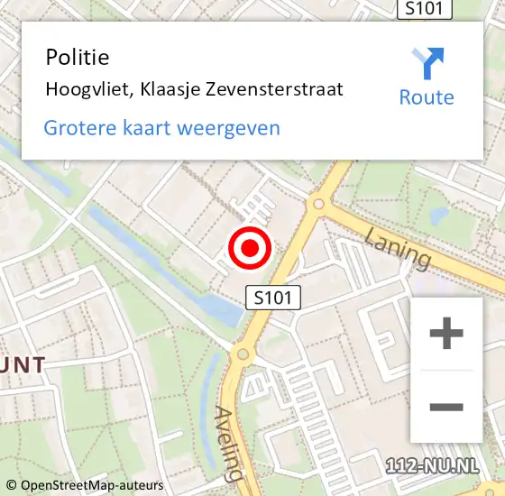 Locatie op kaart van de 112 melding: Politie Hoogvliet, Klaasje Zevensterstraat op 11 juli 2023 14:07