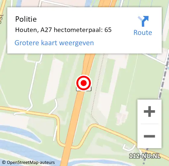 Locatie op kaart van de 112 melding: Politie Houten, A27 hectometerpaal: 65 op 11 juli 2023 15:04