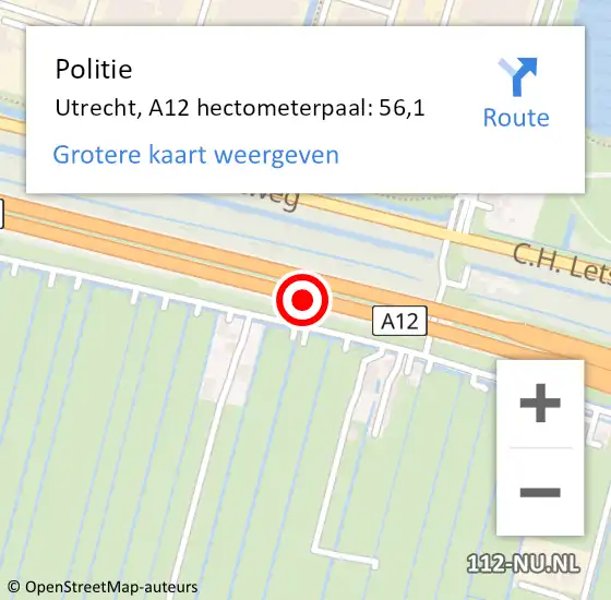 Locatie op kaart van de 112 melding: Politie Utrecht, A12 hectometerpaal: 56,1 op 11 juli 2023 15:22