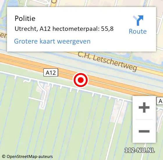 Locatie op kaart van de 112 melding: Politie Utrecht, A12 hectometerpaal: 55,8 op 11 juli 2023 15:23