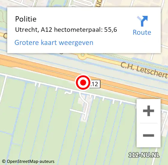 Locatie op kaart van de 112 melding: Politie Utrecht, A12 hectometerpaal: 55,6 op 11 juli 2023 15:27