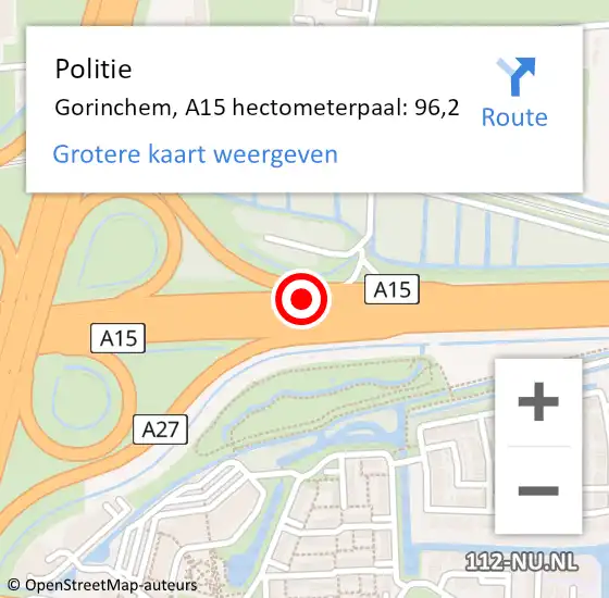 Locatie op kaart van de 112 melding: Politie Gorinchem, A15 hectometerpaal: 96,2 op 11 juli 2023 15:30