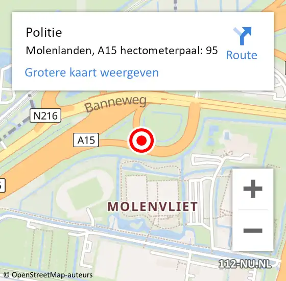 Locatie op kaart van de 112 melding: Politie Molenlanden, A15 hectometerpaal: 95 op 11 juli 2023 15:32