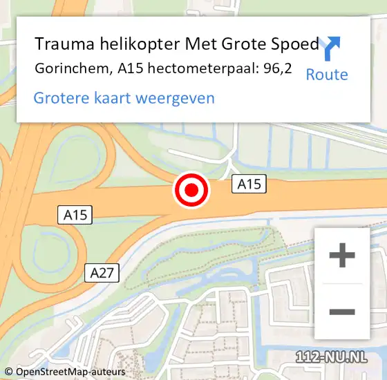 Locatie op kaart van de 112 melding: Trauma helikopter Met Grote Spoed Naar Gorinchem, A15 hectometerpaal: 96,2 op 11 juli 2023 15:36