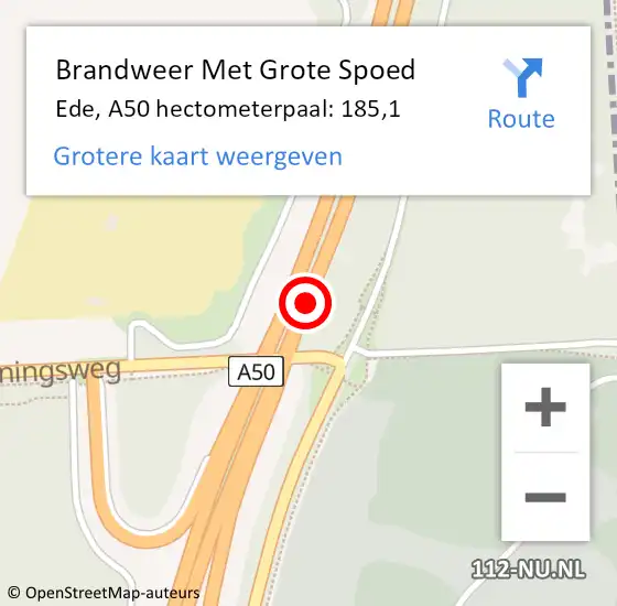 Locatie op kaart van de 112 melding: Brandweer Met Grote Spoed Naar Ede, A50 hectometerpaal: 185,1 op 11 juli 2023 15:48