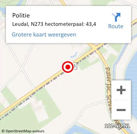 Locatie op kaart van de 112 melding: Politie Leudal, N273 hectometerpaal: 43,4 op 11 juli 2023 15:49