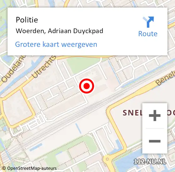 Locatie op kaart van de 112 melding: Politie Woerden, Adriaan Duyckpad op 11 juli 2023 16:01