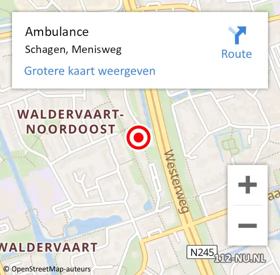 Locatie op kaart van de 112 melding: Ambulance Schagen, Menisweg op 11 juli 2023 16:38