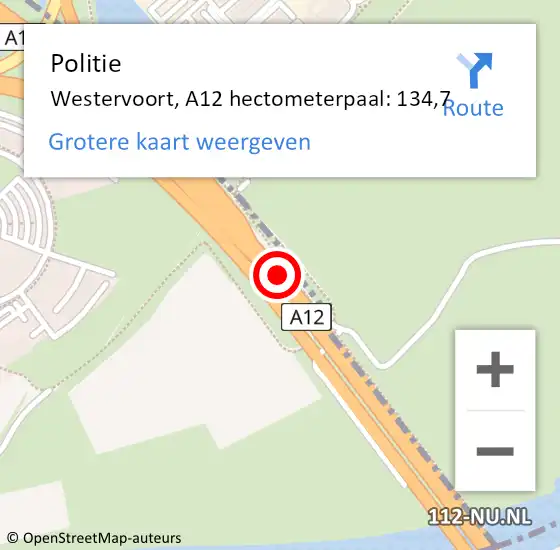 Locatie op kaart van de 112 melding: Politie Westervoort, A12 hectometerpaal: 134,7 op 11 juli 2023 17:06