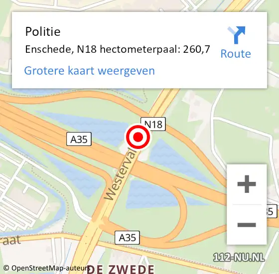Locatie op kaart van de 112 melding: Politie Enschede, N18 hectometerpaal: 260,7 op 11 juli 2023 17:48