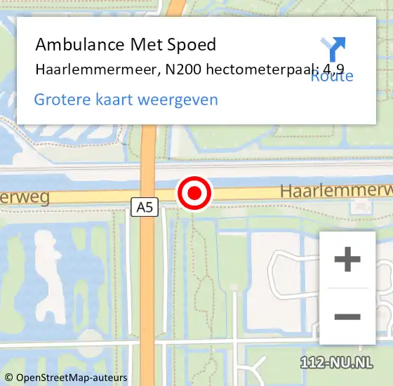 Locatie op kaart van de 112 melding: Ambulance Met Spoed Naar Haarlemmermeer, N200 hectometerpaal: 4,9 op 11 juli 2023 18:15