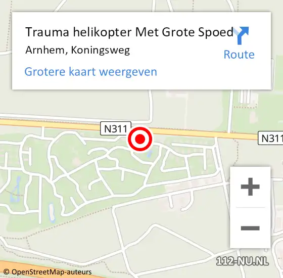 Locatie op kaart van de 112 melding: Trauma helikopter Met Grote Spoed Naar Arnhem, Koningsweg op 11 juli 2023 18:32