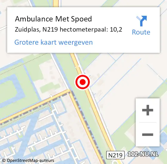 Locatie op kaart van de 112 melding: Ambulance Met Spoed Naar Zuidplas, N219 hectometerpaal: 10,2 op 11 juli 2023 18:34
