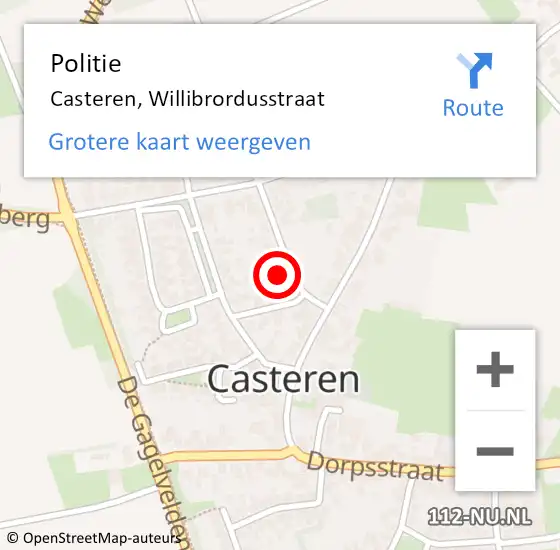 Locatie op kaart van de 112 melding: Politie Casteren, Willibrordusstraat op 11 juli 2023 19:40