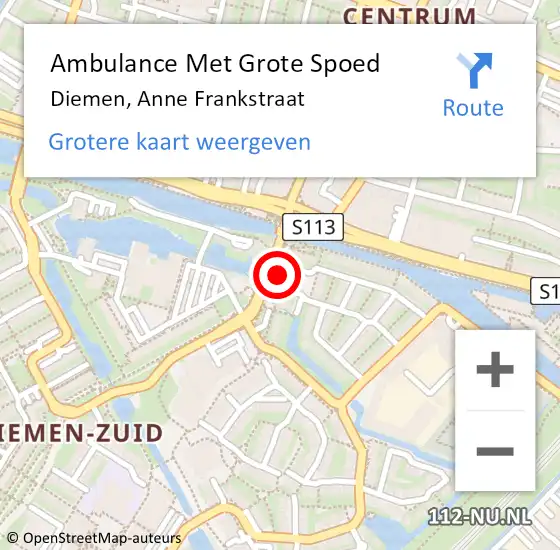 Locatie op kaart van de 112 melding: Ambulance Met Grote Spoed Naar Diemen, Anne Frankstraat op 11 juli 2023 19:52