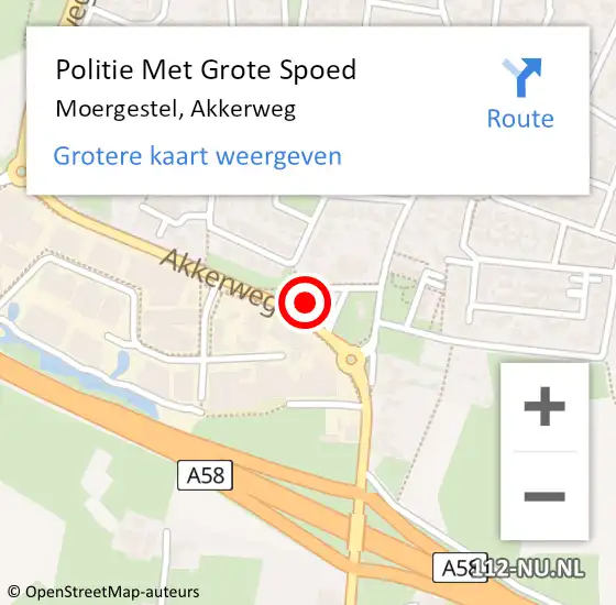 Locatie op kaart van de 112 melding: Politie Met Grote Spoed Naar Moergestel, Akkerweg op 11 juli 2023 20:02