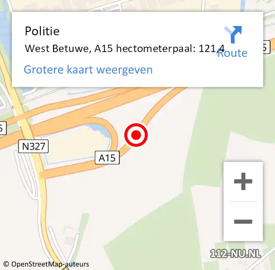 Locatie op kaart van de 112 melding: Politie West Betuwe, A15 hectometerpaal: 121,4 op 11 juli 2023 20:13