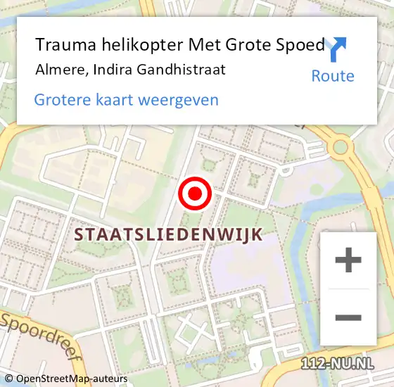 Locatie op kaart van de 112 melding: Trauma helikopter Met Grote Spoed Naar Almere, Indira Gandhistraat op 11 juli 2023 22:16