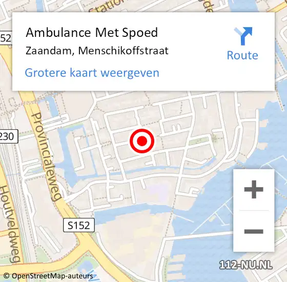 Locatie op kaart van de 112 melding: Ambulance Met Spoed Naar Zaandam, Menschikoffstraat op 12 juli 2023 04:15