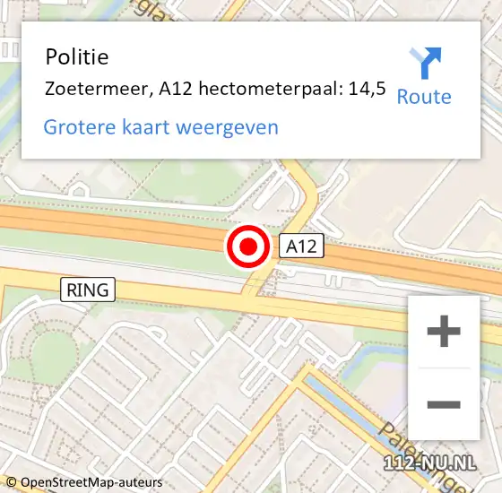 Locatie op kaart van de 112 melding: Politie Zoetermeer, A12 hectometerpaal: 14,5 op 12 juli 2023 06:40