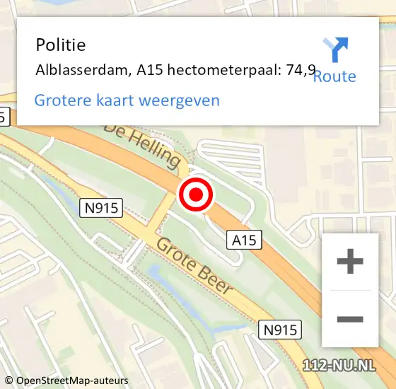 Locatie op kaart van de 112 melding: Politie Alblasserdam, A15 hectometerpaal: 74,9 op 12 juli 2023 08:27