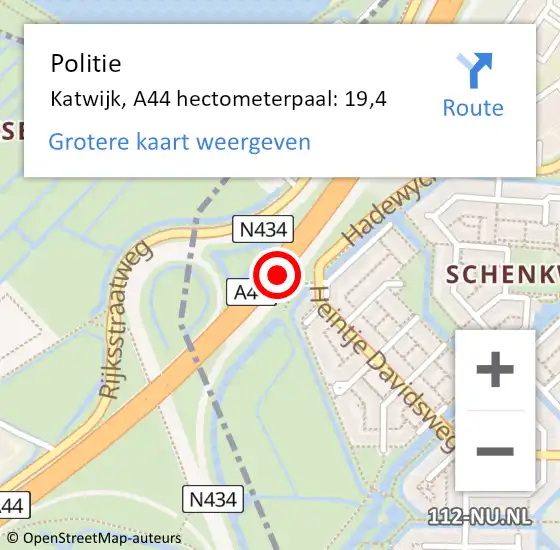 Locatie op kaart van de 112 melding: Politie Katwijk, A44 hectometerpaal: 19,4 op 12 juli 2023 08:37