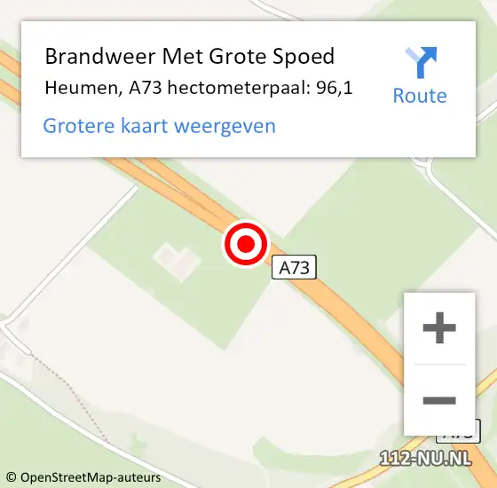 Locatie op kaart van de 112 melding: Brandweer Met Grote Spoed Naar Heumen, A73 hectometerpaal: 96,1 op 12 juli 2023 12:01