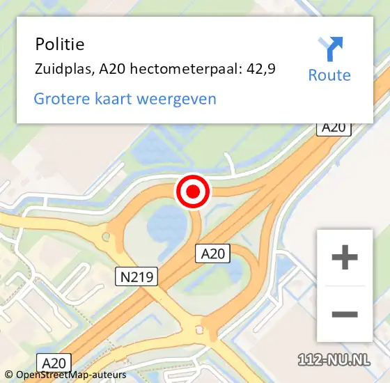 Locatie op kaart van de 112 melding: Politie Zuidplas, A20 hectometerpaal: 42,9 op 12 juli 2023 13:07